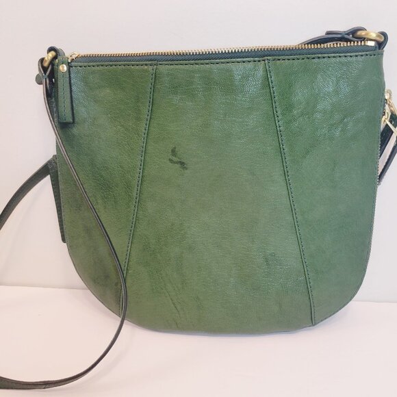 Vtg Fossil Emerald Green Leather Shoulder Hobo Purse Bag Zip Expand READ - Picture 2 of 9